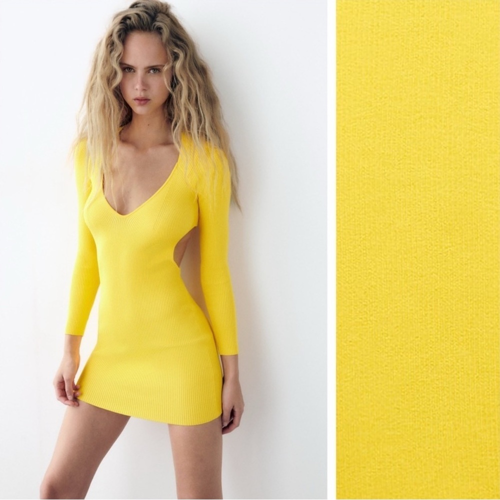 Zara Sexy Ribbed Yellow Mini Dress Open back L